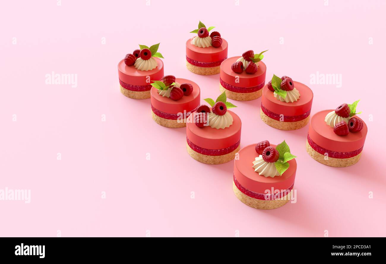 Tapete mit kleinen runden Beerenkuchen, die in einer Reihe stehen. Leckere kleine Kuchen mit Baiser und Beeren. Flacher rosafarbener Hintergrund Stockfoto