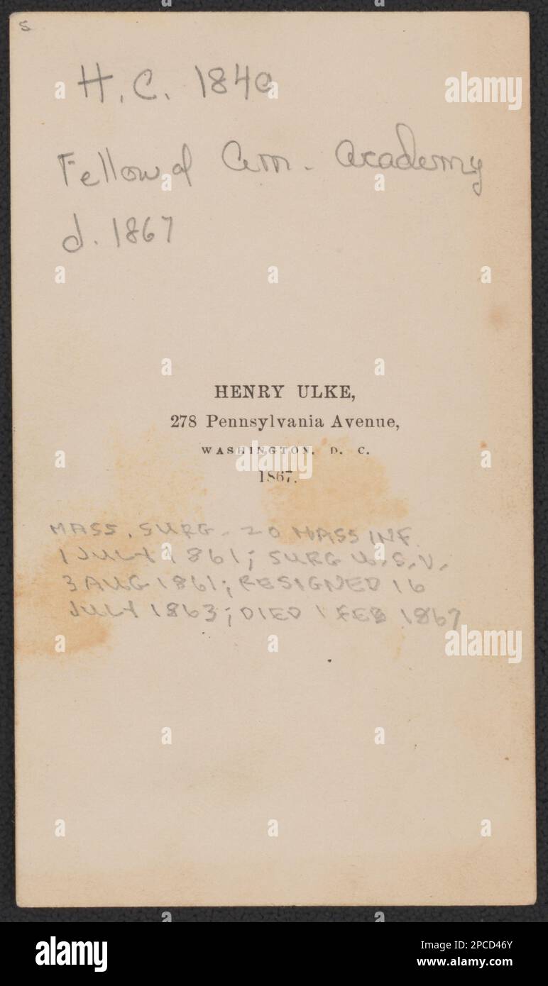 Major Henry Bryant, 20. Massachusetts Infanterie Regiment und medizinisches Personal USA Volunteers Infantry Regiment in Uniform / Henry Ulke, 278 Pennsylvania Avenue, Washington, D.C. Liljenquist Family Sammlung von Bürgerkriegsfotos, pp/liljpaper. Bryant, Henry, 1820-1867, Usa, Armee, Massachusetts Infanterie Regiment, 20. (1861-1865), People, Soldiers, Union, 1860-1870, Ärzte, Union, 1860-1870, Militäruniformen, Union, 1860-1870, Usa, Geschichte, Bürgerkrieg, 1861-1865, Militärpersonal, Union. Stockfoto