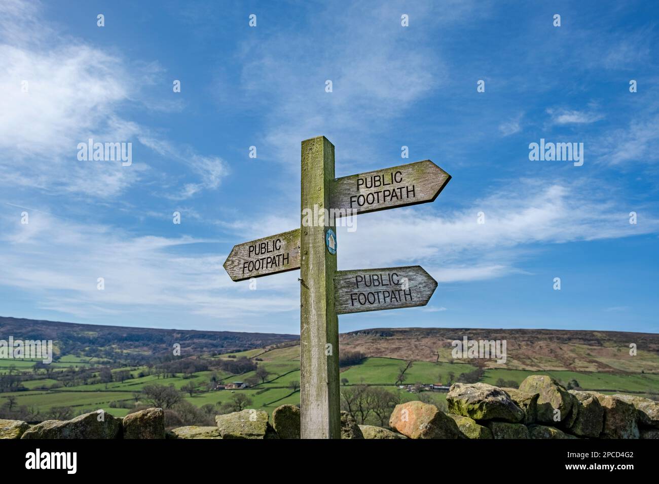 Schild für öffentlichen Fußweg bei Farndale in den North York Moors Stockfoto