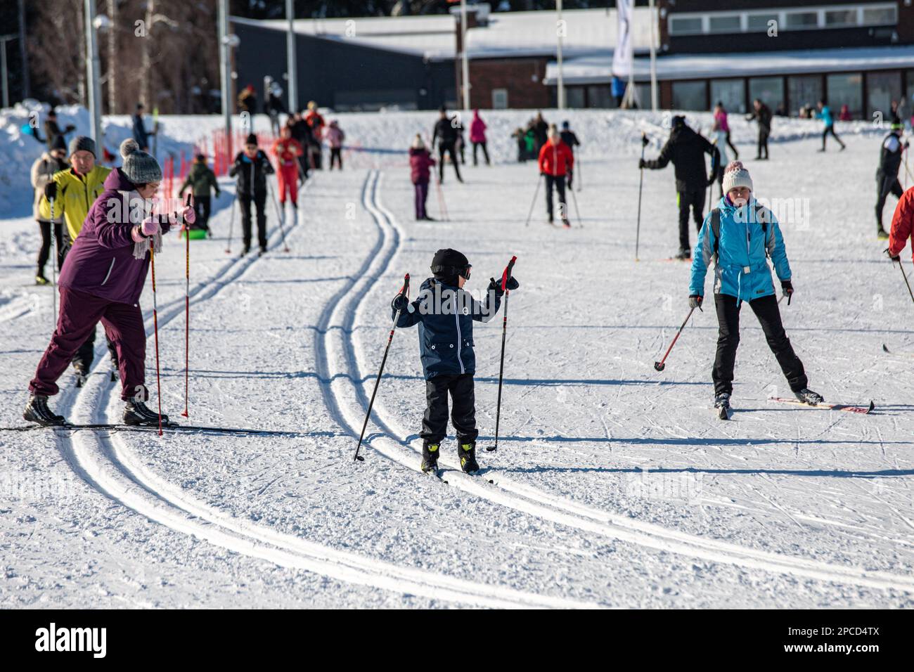 An einem sonnigen Wintertag auf der Paloheinä-Skistrecke in Helsinki, Finnland, fahren Skilanglauf Stockfoto