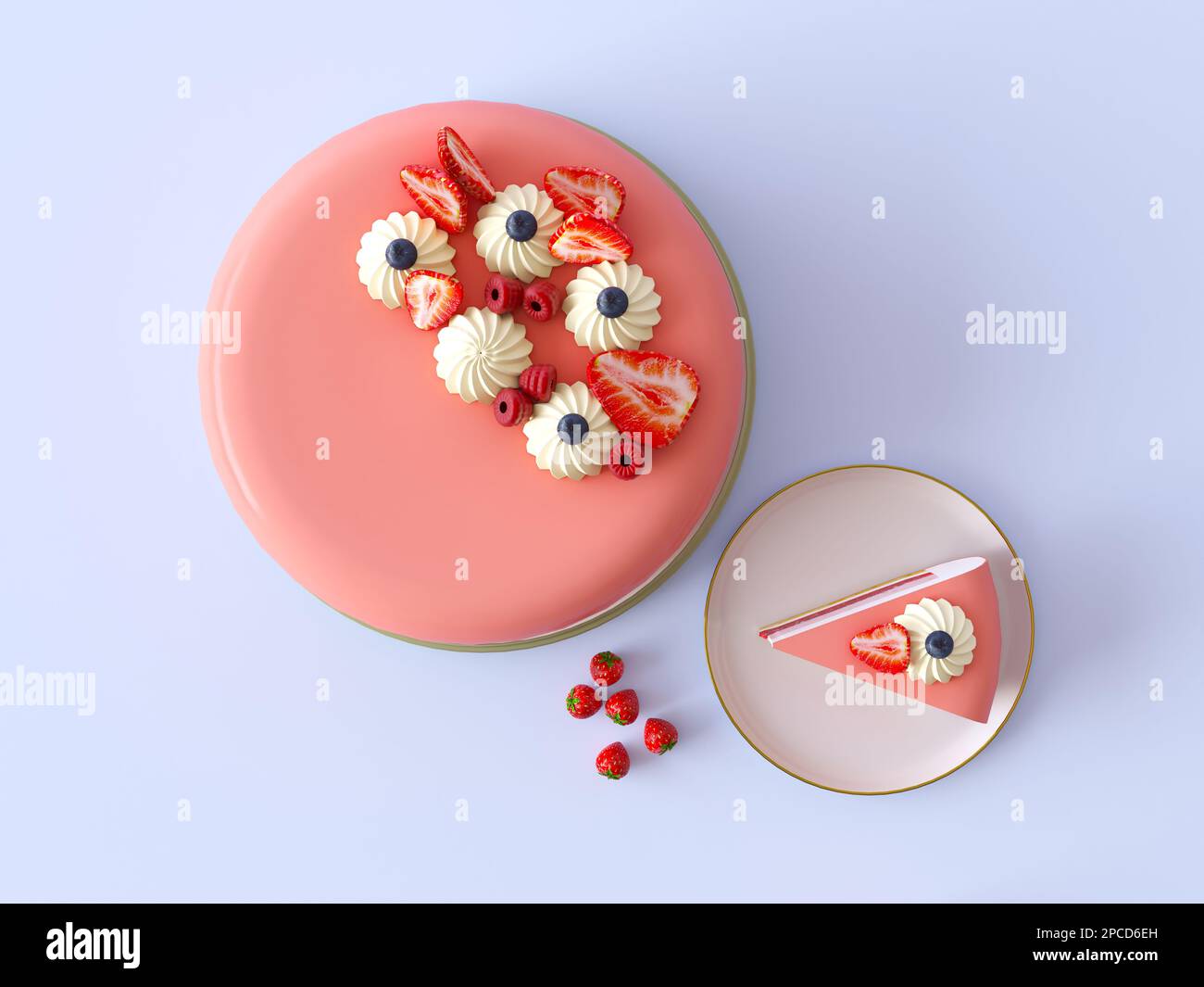 Moussekuchen mit Spiegelglasur, rosa, reifen Erdbeeren und Beeren. Ein Stück Kuchen auf einem Teller, eine kleine Vase mit Erdbeeren, isoliert auf Pastellblau Stockfoto