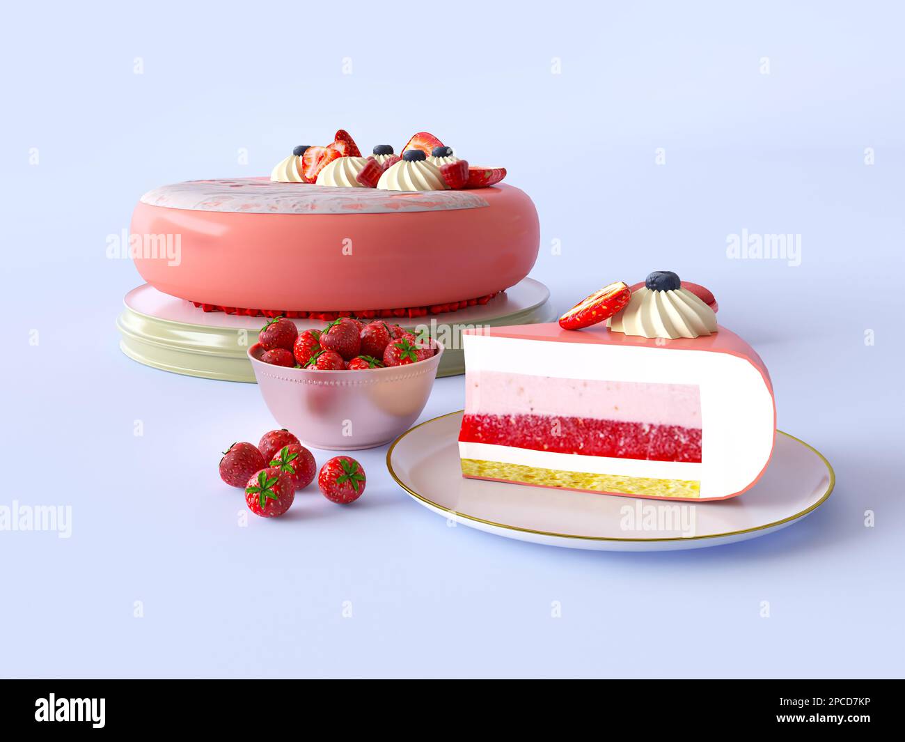 Moussekuchen mit Spiegelglasur, rosa, reifen Erdbeeren und Beeren. Ein Stück von einem köstlichen Kuchen auf einem Teller, kleine Vase mit isolierten Erdbeeren Stockfoto
