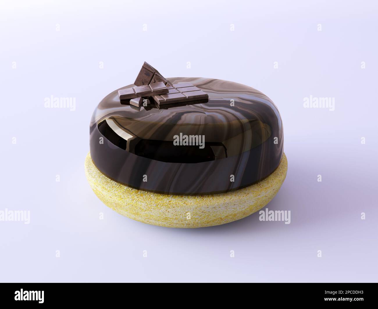 Runde, dunkle Schokoladenkuchen mit Spiegelglasur und einem zerbrochenen Schokoriegel. Köstlicher luxuriöser Kuchen, isoliert auf einem pastellfarbenen, flachen Hintergrund. Stockfoto
