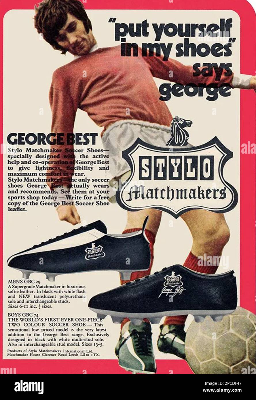 GEORGE BESTER (1946-2005) nordirischer Fußballer in einer Werbeanzeige für Stylo Fußballschuhe über 1968 Stockfoto