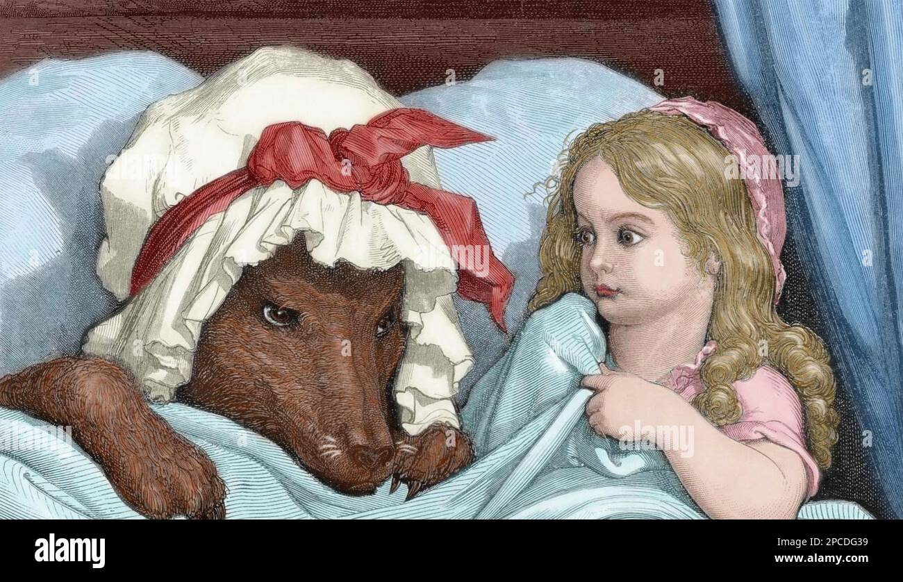 KLEINE ROTE REITHAUBE farbige Gravur des französischen Künstlers Gustave Dorè über das traditionelle europäische Kinderzimmer-Märchen Stockfoto