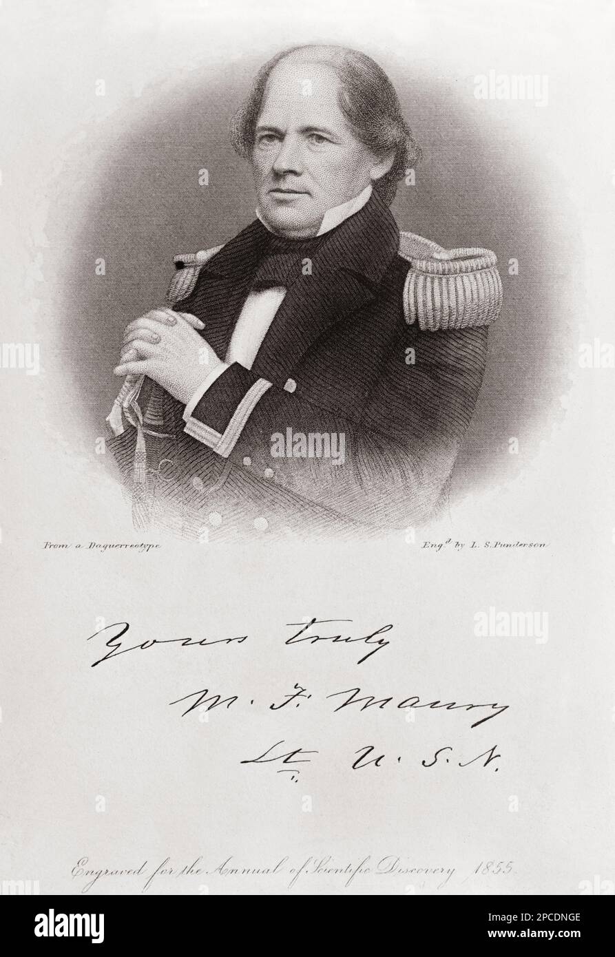 Der amerikanische Matthew Fontaine MAURY ( 1806 - 1873 ) der US Navy war ein amerikanischer Astronome, Historiker, Ozeanographin, Meteorologe, Kartograf, Autor, Geologe und Pädagoge. Gravur eines Porträts von einem Daguerreotyp, eingraviert von L.S. Punderson , 1855, Für das "Jahr der wissenschaftlichen Entdeckung" - ASTRONOMO - ASTRONOMIE - ASTRONOMIE - CARTOGRAFIA - CARTOGRAFO - GEOLOGO - GEOLOGE - foto Storiche - foto storica - scienziato - Wissenschaftler - Gravur - Incisione - SCIENZIATO - WISSENSCHAFTLER - Uniforme divisa militare - Autografo - Autografo Unterschrift - Firma ---- Stockfoto