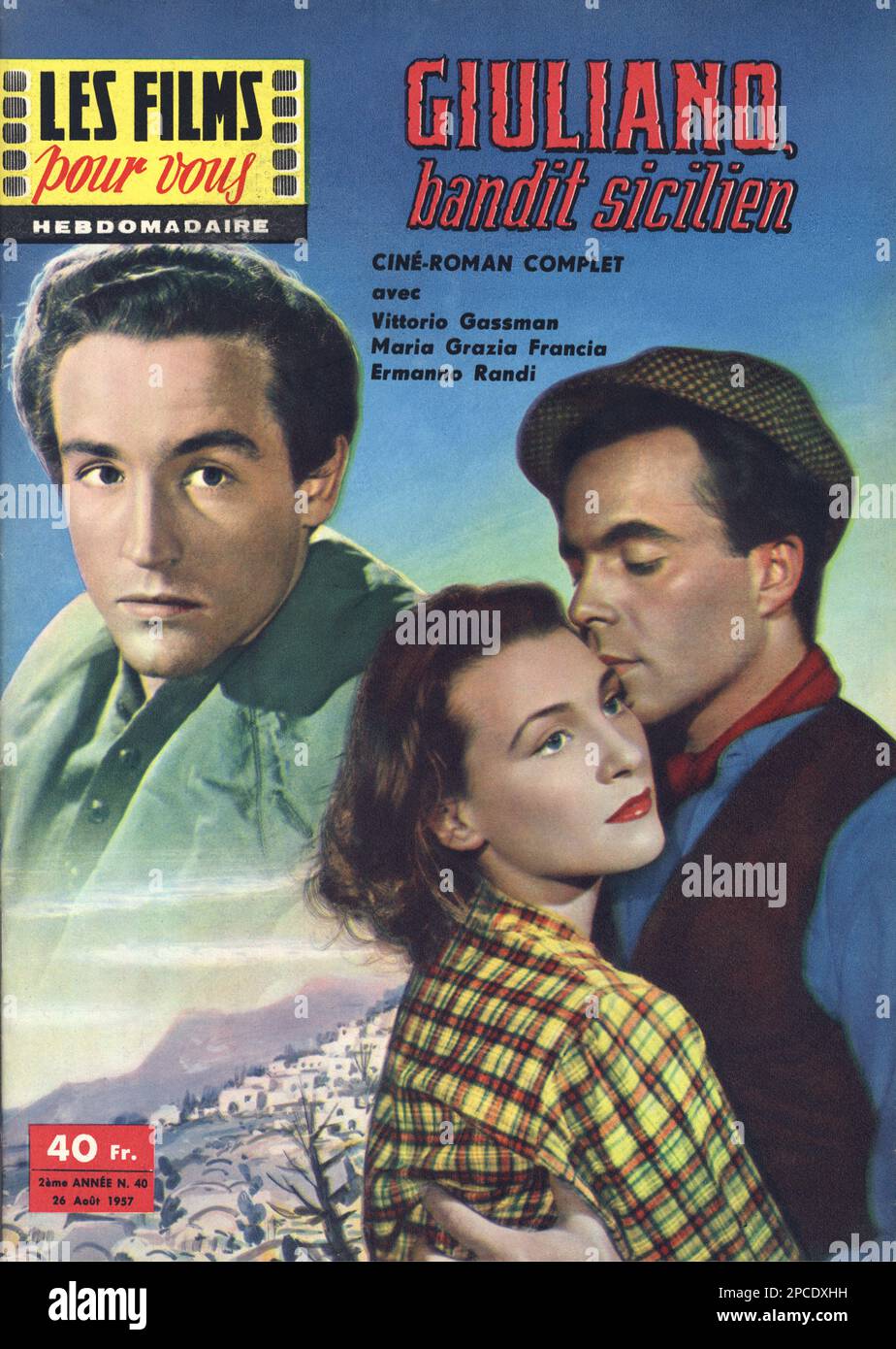 1957 , FRANKREICH : die französische Fotoromantik GIULIANO BANDIT SICILIEN aus dem italienischen Film I FUORILEGGE ( 1949 ) von Aldo Vergano , Drehbuch von Gian Paolo Callegari und Leopoldo Triest mit ERMANNO RANDI , VITTORIO GASSMAN und MARIA GRAZIA FRANCIA . Der italienische Filmschauspieler ERMANNO RANDI ( 1920 - 1951 ) wurde angeblich von seinem männlichen Liebhaber Giuseppe Maggiore erschossen . Dies waren die ersten Skandale der Nachkriegsfilme Cinecitta - FOTOROMANZO CINEMATOGRAFICO - KINO - FILM - ATTORE CINEMATOGRAFICO - MELODRAMMA - DIVO - FILM - LIEBENDE - INNAMORATI - AMANTI - Copertina - Cover - GAY Stockfoto