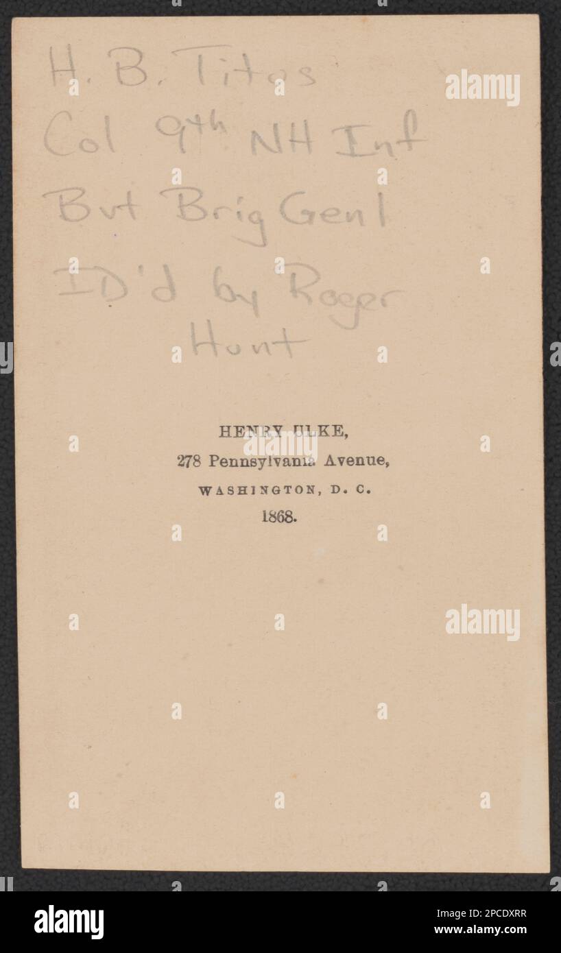 Brigadegeneral Herbert Bradwell Titus von Cos A und F, 2. New Hampshire Infanterie Regiment und 9. New Hampshire Infanterie Regiment in Uniform / Henry Ulke, 278 Pennsylvania Avenue, Washington, D.C. Liljenquist Family Sammlung von Bürgerkriegsfotos, pp/liljpaper. Titus, Herbert Bradwell, 1832-1905, Usa, Armee, New Hampshire Infanterie Regiment, 2. (1861-1865), People, United States, Army, New Hampshire Infanterie Regiment, 9. (1862-1865), People, Soldiers, Union, 1860-1870, Militäruniformen, Union, 1860-1870, Vereinigte Staaten, Geschichte, Bürgerkrieg, 1861-1865, Militärpersonal, UNO. Stockfoto