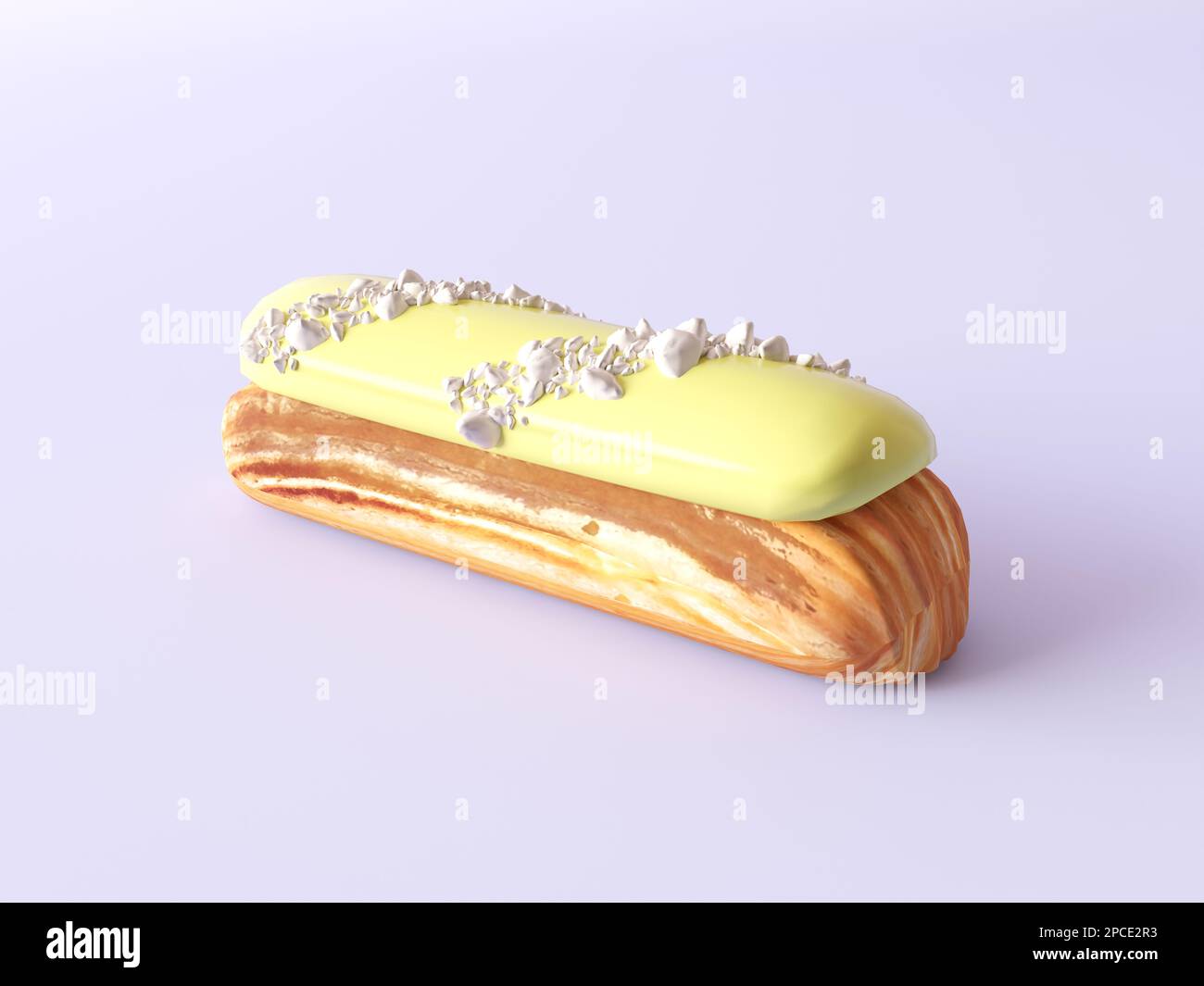 Luxuriöses französisches eclair mit gelber Glasur und silberner Einrichtung. Köstliches Dessert isoliert auf pastellfarbenem Hintergrund. Vorlage für ein Restaurantmenü. Stockfoto