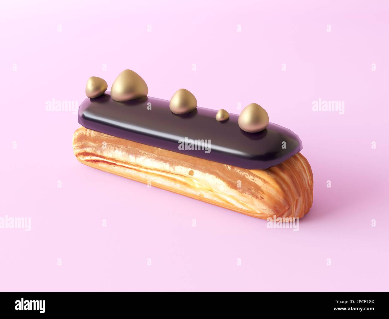 Eclair mit dunkler Schokolade mit goldenen Kugeln zur Dekoration auf pastellfarbenem Hintergrund. Auswahl an traditionellem französischem Dessert Stockfoto