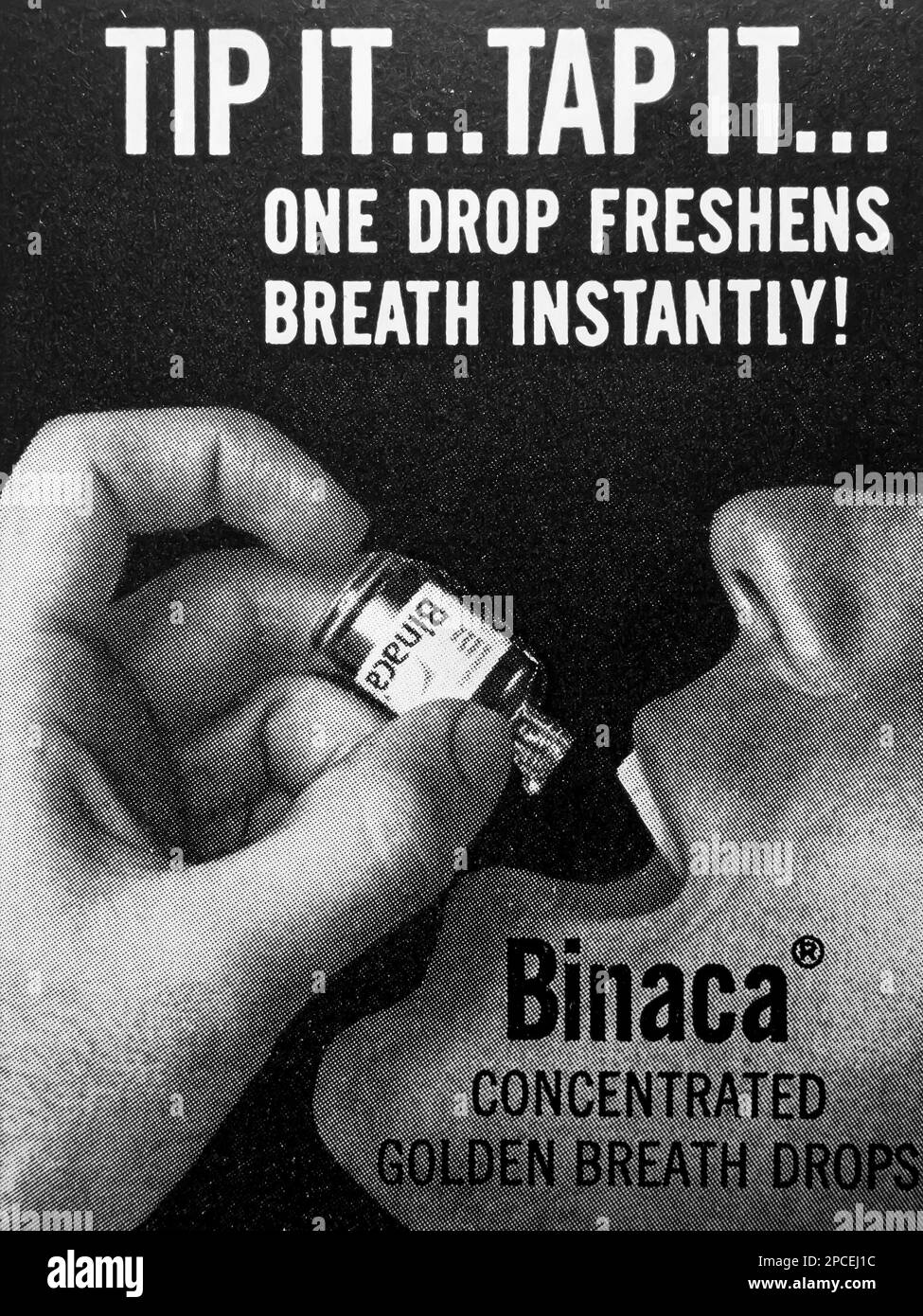 Binaca-Atem-Tropfenwerbung in einem NatGeo-Magazin Juli 1969 Stockfoto