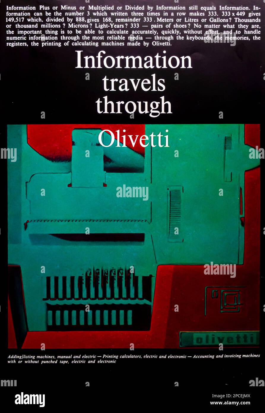 Olivetti – Werbespot für Geräte zum Hinzufügen/Auflisten von Rechnern in einer Zeitschrift von NatGeo im Juli 1969 Stockfoto