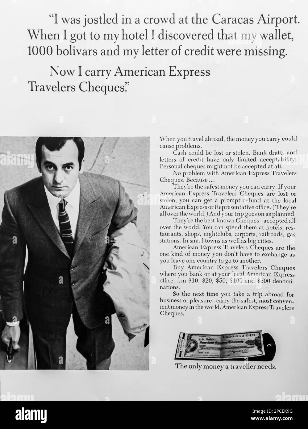 American Express Travellers Cheques Werbespot in einem Magazin in NatGeo im Juli 1969 Stockfoto