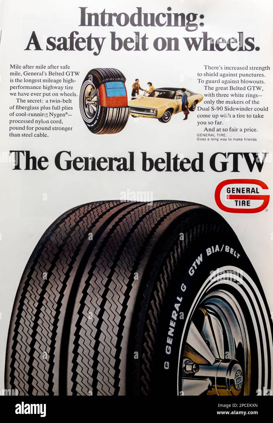Allgemeiner Werbespot zu GTW-Reifen mit Gürtel in einem Magazin in NatGeo, Juli 1969 Stockfoto