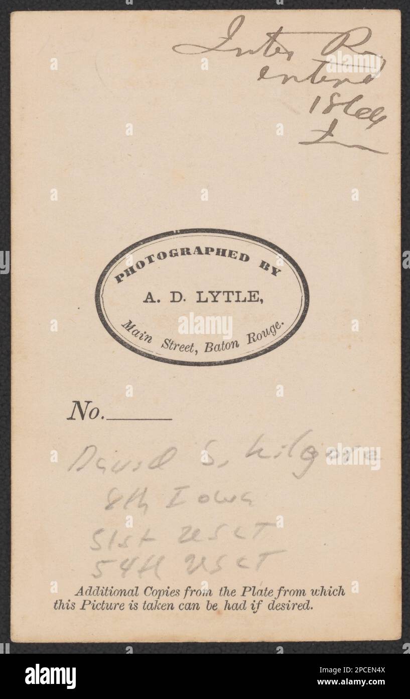 Zweiter Leutnant David S. Kilgore von Co C, 8. Iowa Infanterie-Regiment, 54. USA Farbige Truppen Infanterie-Regiment und Cos A und D, 51. US-Dollar Farbige Truppen Infanterie-Regiment in Uniform / fotografiert von A.D. Lytle, Main Street, Baton Rouge... Liljenquist Family Sammlung von Bürgerkriegsfotos, pp/liljpaper. Kilgore, David S., ca. 1840-1888, USA, Armee, Farbiges Infanterie-Regiment, 54. (1863-1866), Volk, Vereinigte Staaten, Armee, Farbiges Infanterie-Regiment, 51. (1863-1866), Volk, Vereinigte Staaten, Armee, Iowa Infanterie-Regiment, 8. (1861-1865), Unternehmen C, Menschen, Soldaten, Un Stockfoto