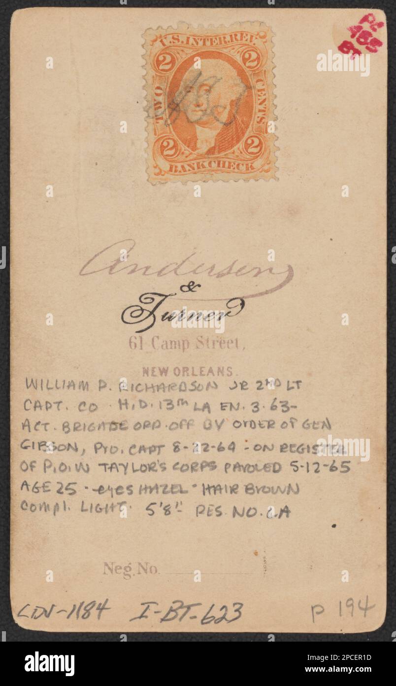 Captain William Priestley Richardson von Cos H and D, 13. Louisiana Infanterie Regiment in Uniform / Anderson, New Orleans ; Anderson & Turner, 61 Camp Street, New Orleans. Liljenquist Family Sammlung von Bürgerkriegsfotos, pp/liljpaper. Richardson, William Priestley, 1840-1910, Konföderierte Staaten von Amerika, Armee, Louisiana Infanterie-Regiment, 13., Menschen, 1860-1870, Soldaten, Konföderierte, 1860-1870, Militäruniformen, Confederate, 1860-1870, Usa, Geschichte, Bürgerkrieg, 1861-1865, Militärpersonal, Konföderierte. Stockfoto