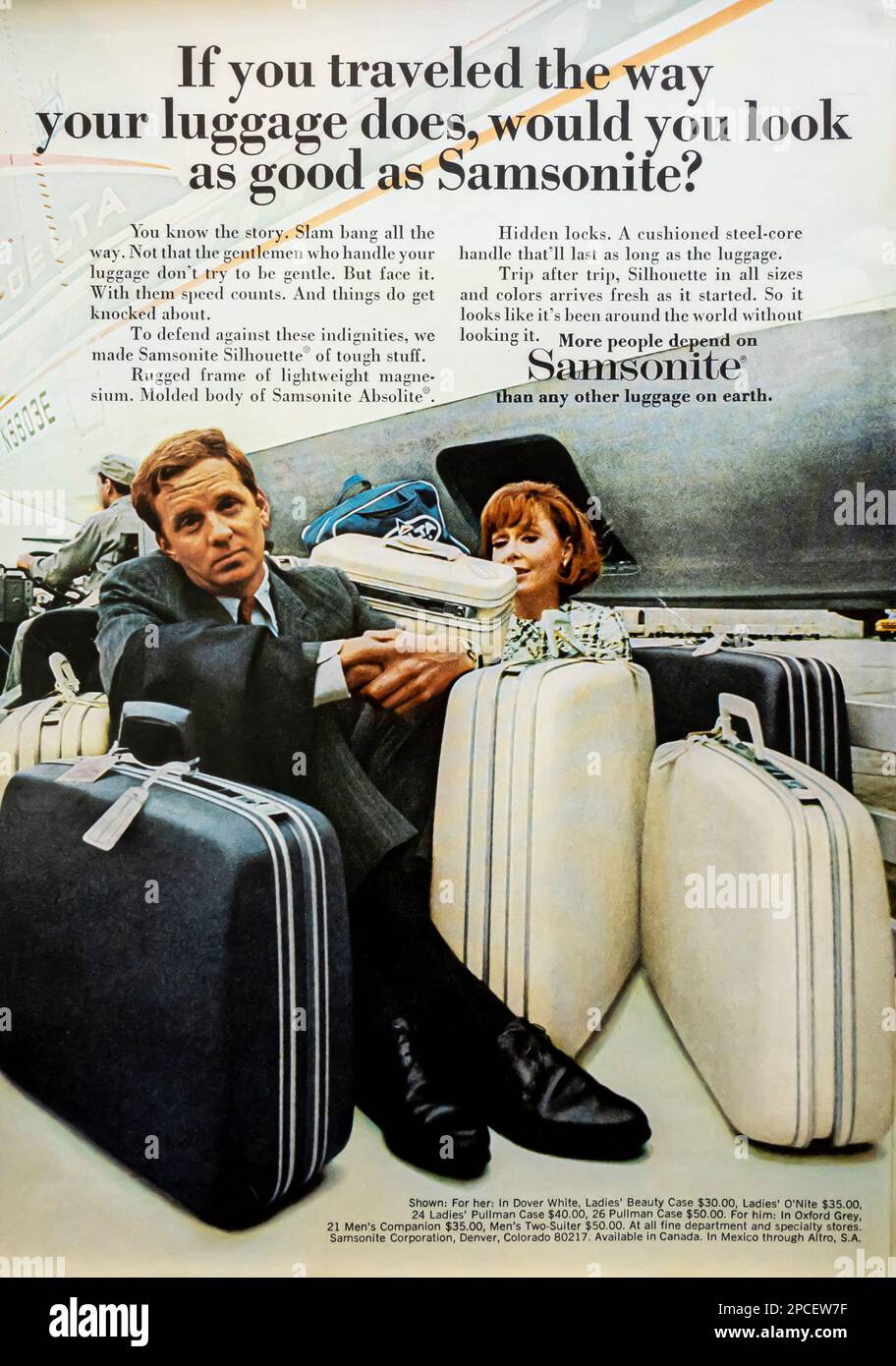 Samsonite-Werbung in einer NatGeo-Zeitschrift Juni 1969 Stockfoto