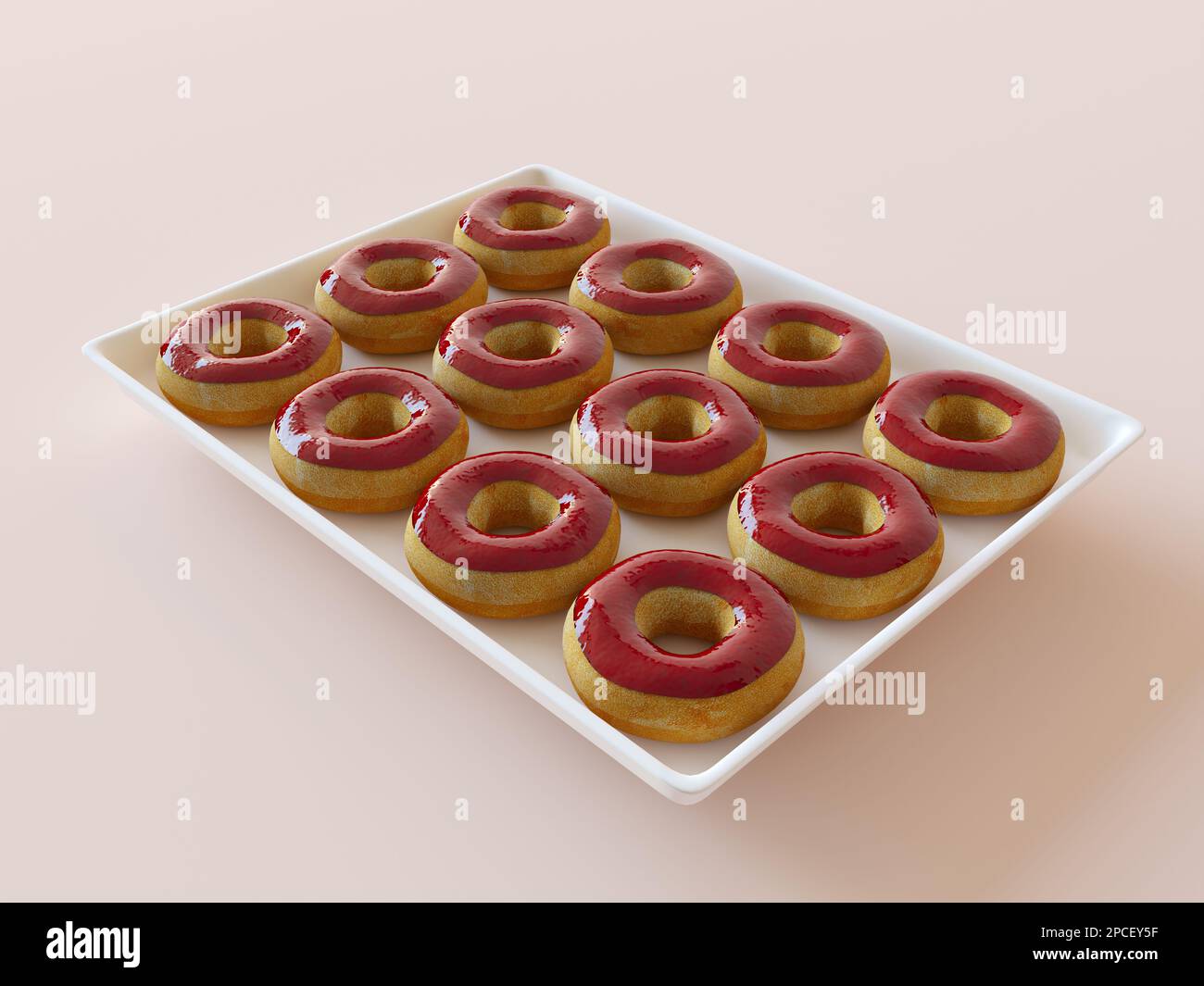 Ein weißes Tablett mit Donuts im Sortiment. Köstliche Donuts in beerroter Marmelade. Vanille-Donuts in einer fruchtigen roten Glasur, süße Süßigkeiten Stockfoto
