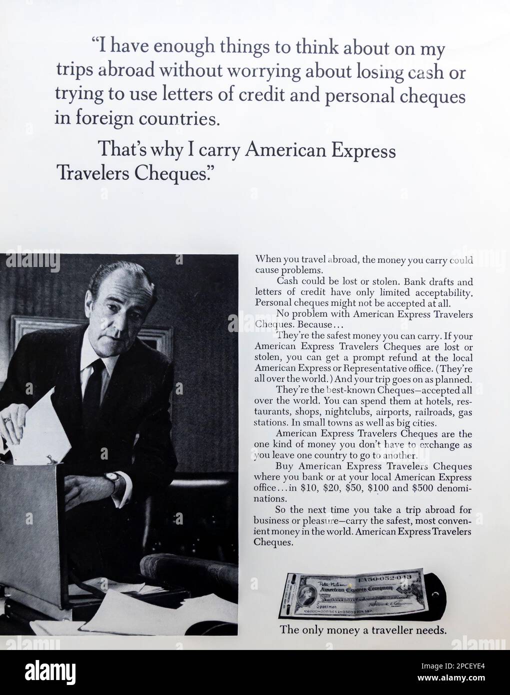 American Express Travelers Cheques Werbespot in einem Magazin in NatGeo September 1969 Stockfoto