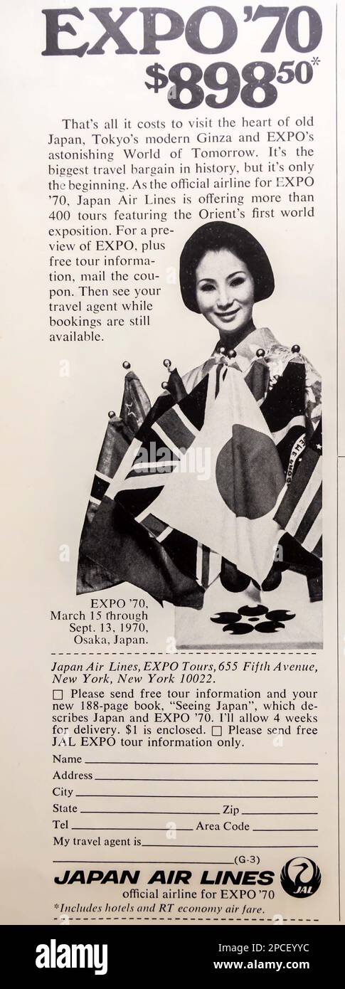 Japan Air Lines Expo '70 Werbeanzeige in einem NatGeo Magazin September 1969 Stockfoto