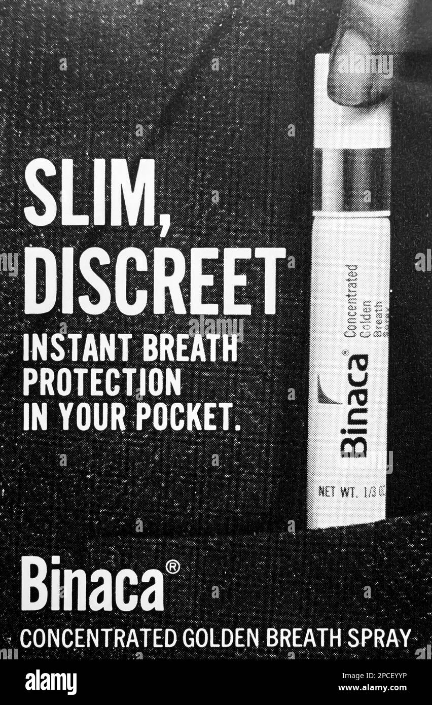Binaca-Atem-Spray-Werbung in einem NatGeo-Magazin September 1969 Stockfoto