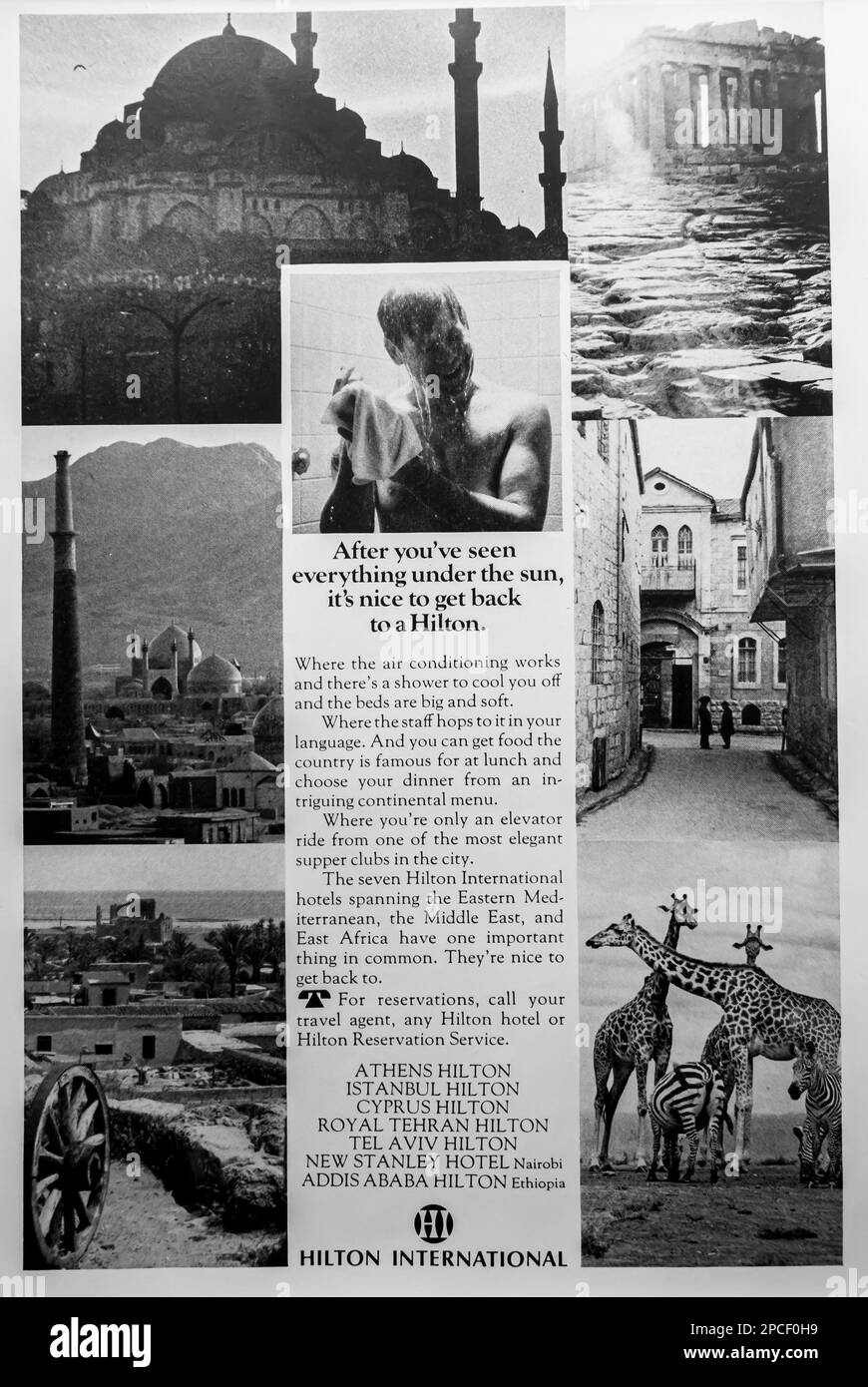 Anzeige für internationale Hilton Hotels in einem NatGeo Magazin September 1969 Stockfoto