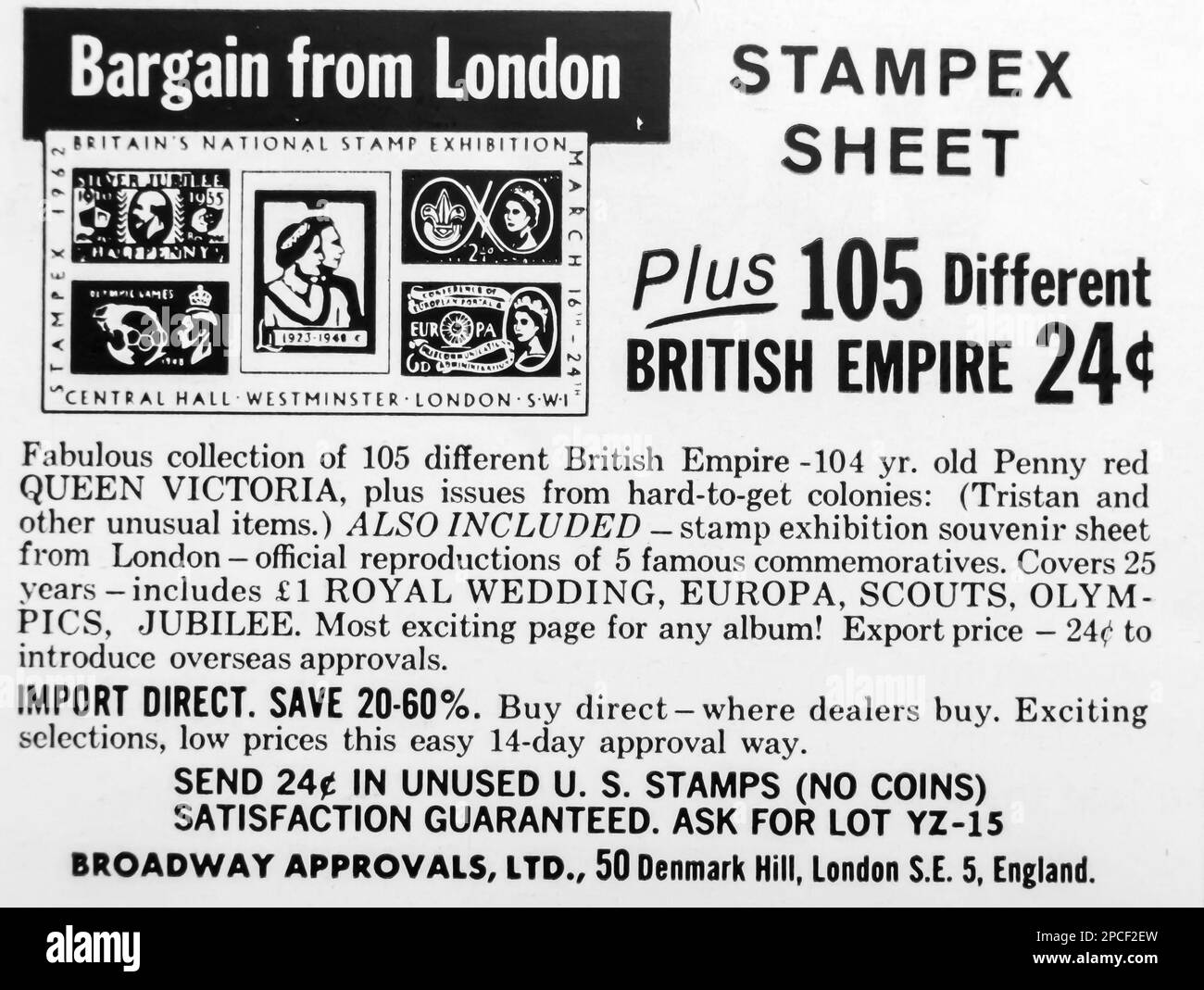 Werbespot für British Empire-Briefmarken in einem Magazin in NatGeo, Januar 1968 Stockfoto