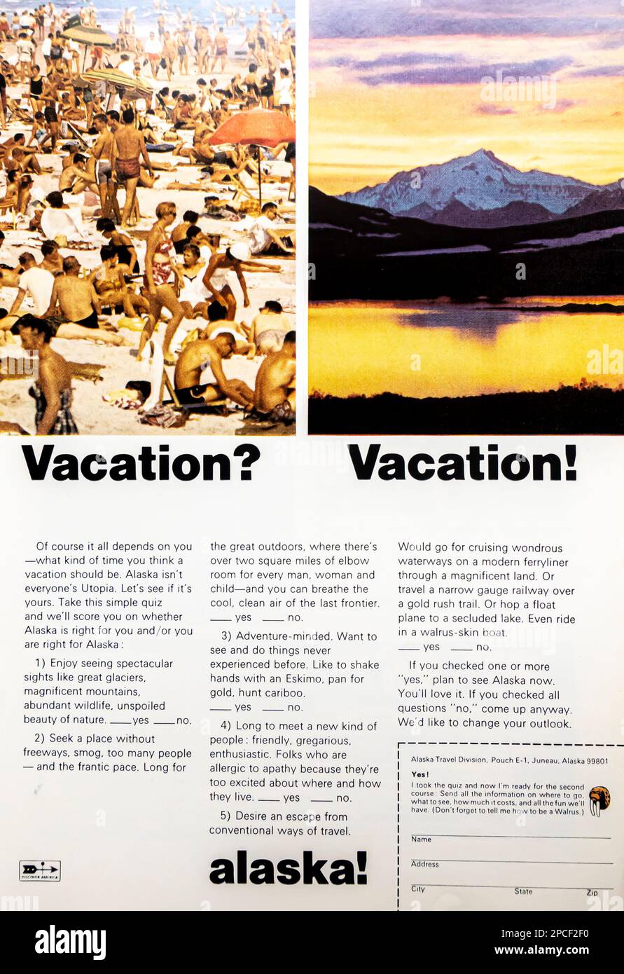 Alaska-Reisewerbung in einem Magazin in NatGeo, Januar 1968 Stockfoto