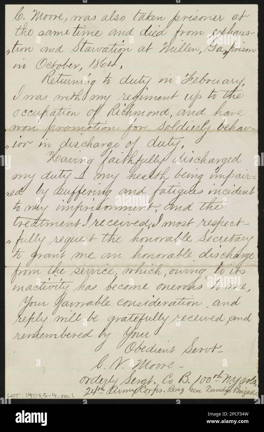 Brief von Cornelius V. Moore an Kriegsminister Edwin M. Stanton, der um Entlassung bittet. Liljenquist Family Sammlung von Bürgerkriegsfotos , ausgestellt in der Library of Congress, Washington, D.C., 2013, pp/liljmem. Moore, Cornelius V, 1843-1920, Associated Objects, Stanton, Edwin M, (Edwin McMasters), 1814-1869, Associated Objects, USA, Army, New York Infanterie Regiment, 100. (1862-1865), People, United States, Army, Illinois Infantry Regiment, 39. (1861-1865), People, United States, Army, New York Infanterie Regiment, 106. (1862-1865), People, United Stockfoto