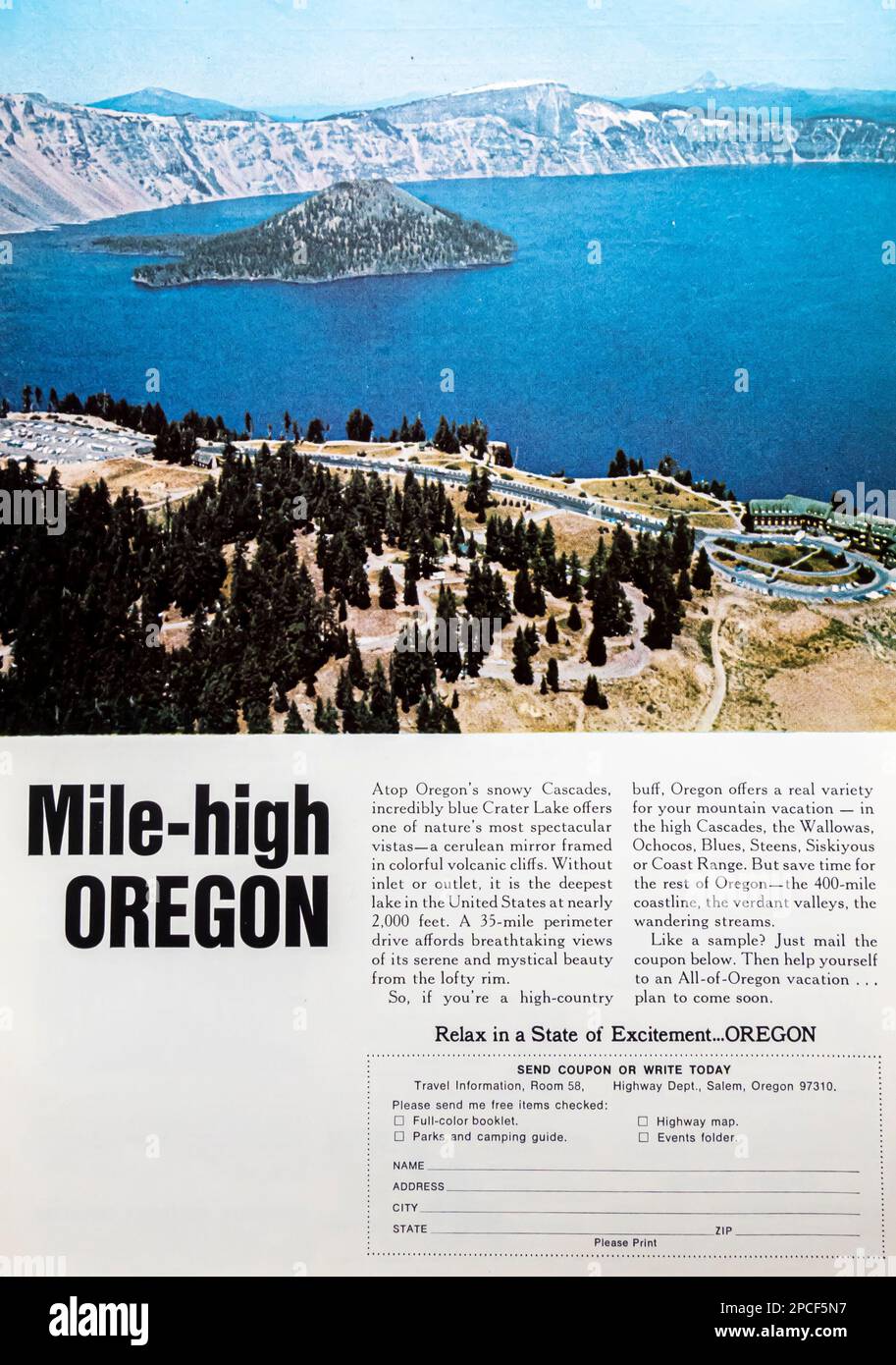 Reisewerbung in Oregon in einem Magazin in NatGeo, März 1968 Stockfoto