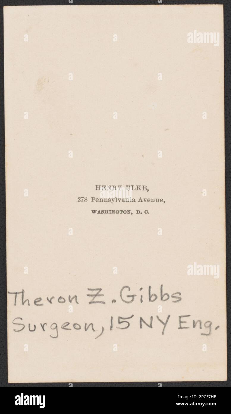 Chirurg Theron Zadock Gibbs vom 15. New York Engineers Regiment in Uniform / Henry Ulke, 278 Pennsylvania Avenue, Washington, D.C. Liljenquist Family Sammlung von Bürgerkriegsfotos, pp/liljpaper. Gibbs, Theron Zadock, 1826-1896, Vereinigte Staaten, Armee, New York Engineers Regiment, 15. (1861-1865), People, Soldiers, Union, 1860-1870, Ärzte, 1860-1870, Militäruniformen, Union, 1860-1870, Usa, Geschichte, Bürgerkrieg, 1861-1865, Militärpersonal, Union. Stockfoto