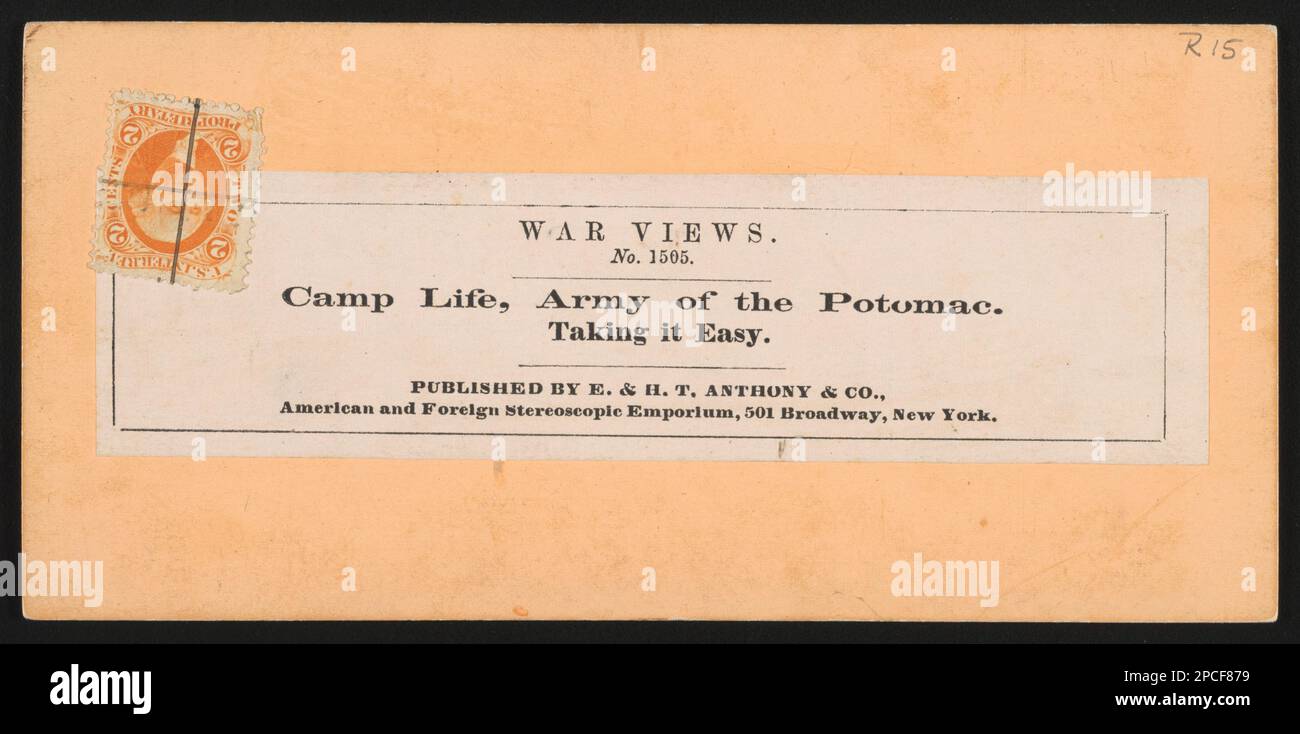 Camp Life, Army of the Potomac, Taking it Easy / veröffentlicht von E. & H.T. Anthony & Co., American and Foreign Stereoscopic Emporium, 501 Broadway, New York. Liljenquist Family Sammlung von Bürgerkriegsfotos, pp/liljpaper. Vereinigte Staaten, Armee, Massachusetts Light Artillery Battery, 1. (1861-1864), Menschen, Militärlager, Union, Maryland, 1860-1870, Soldaten, Union, Maryland, 1860-1870, Militäruniformen, Union, 1860-1870, Vereinigte Staaten, Geschichte, Bürgerkrieg, 1861-1865, Militärpersonal, Union. Stockfoto