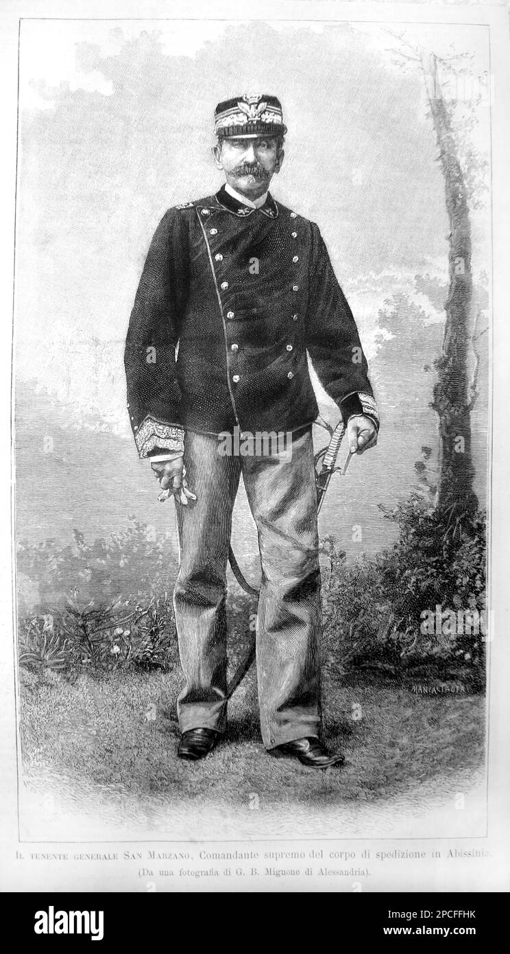 1888 , Italien : die italienische Tenente Generale Alessandro ASINARI di SAN MARZANO Comandante Supremo in Abissinien ( Afrika ). Porträt aus der illustrierten Zeitschrift "L'Illustrazione Italiana" ( Gravur von Mancastropa , auf einem Foto von G. B. Mignone , Alessandria ). - foto storiche - foto storica - Portrait - ritratto - Baffi - Schnurrbart - Militäruniform - uniforme divisa militare - COLONIALISMO - COLONIALISTA - COLONIE ITALIANE - ITALIENISCHER KOLONIALISMUS - ERITREA ------ Archivio GBB Stockfoto