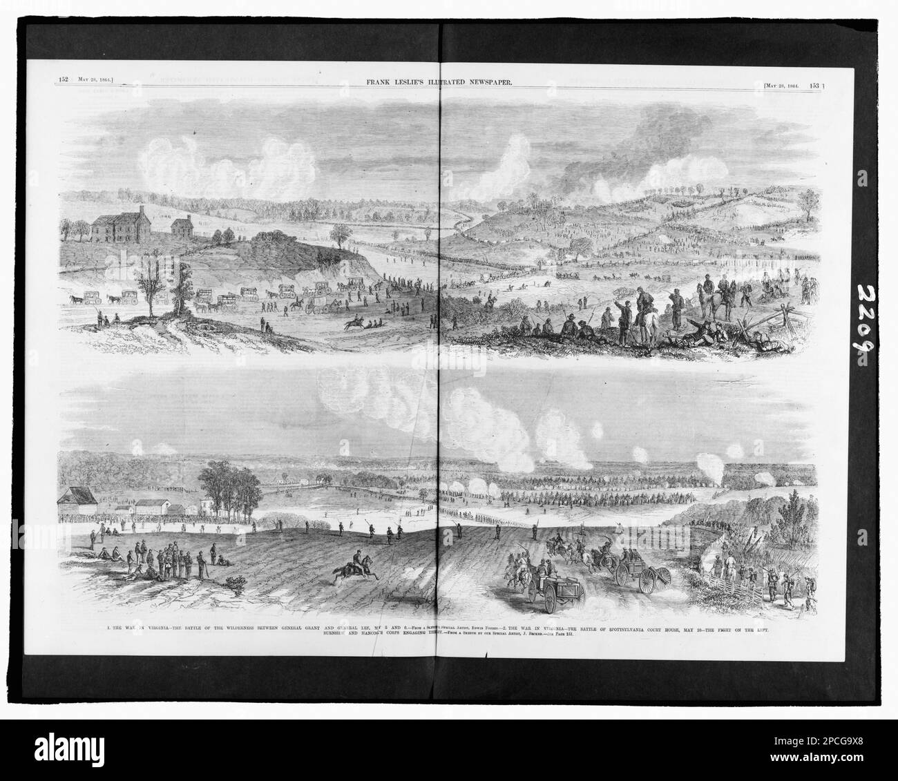 Der Krieg in Virginia. Illus. In: Frank Leslies illustrierte Zeitung (1864. Mai 28), S. 152-153. Wilderness, Battle of the, VA, 1864, Spotsylvania Court House, Battle of, VA, 1864, Militärpersonal, Virginia, 1860-1870, Usa, Geschichte, Bürgerkrieg, 1861-1865, Kampagnen und Schlachten. Stockfoto