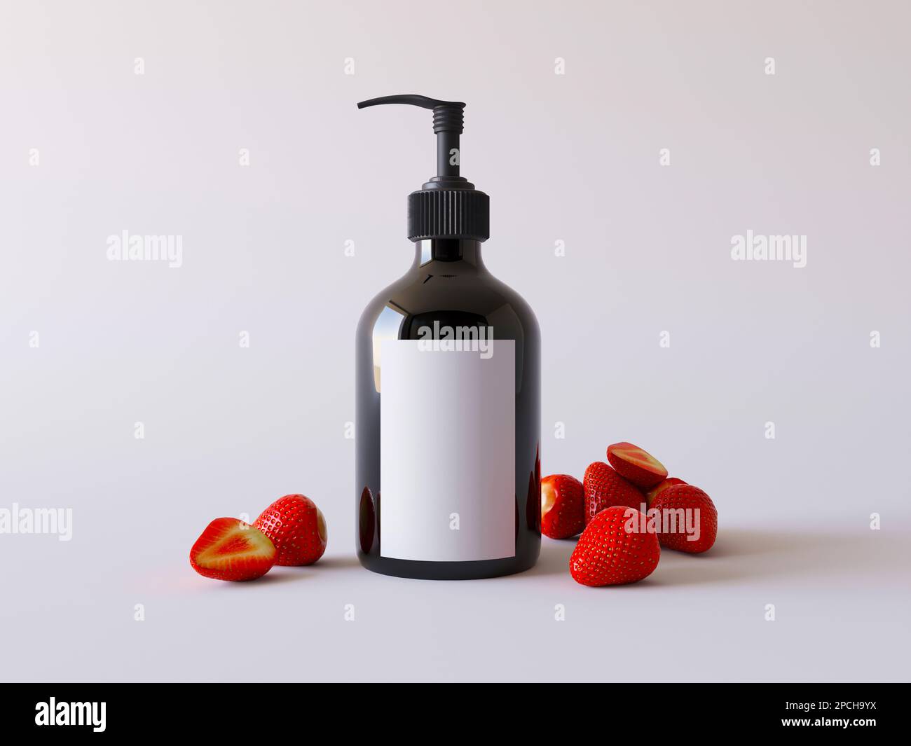 Natürliches Duschgel mit Erdbeere, dunkle Plastikflasche für Gelmodell mit reifen Erdbeeren, Platz für Ihr Etikett, 3D-Darstellung Stockfoto