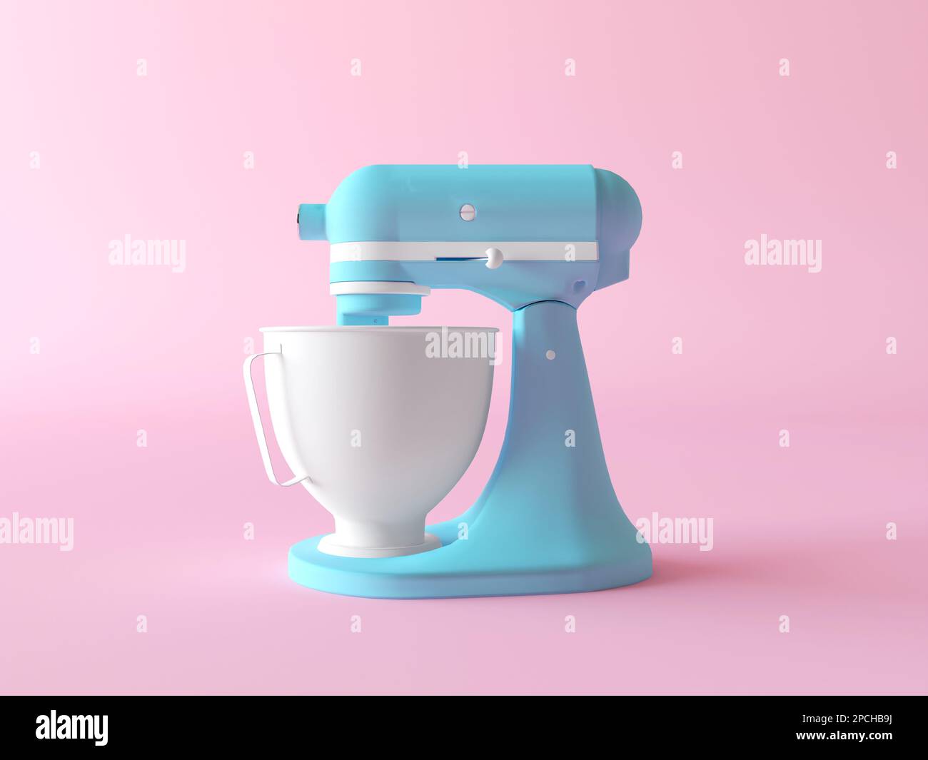 Blauer Essensmischer auf einer Küchenbank. 3D-Darstellung auf pastellrosa Hintergrund isoliert rendern. Cartoon-Style. Elektrischer Mixer, Küchenmixer Stockfoto