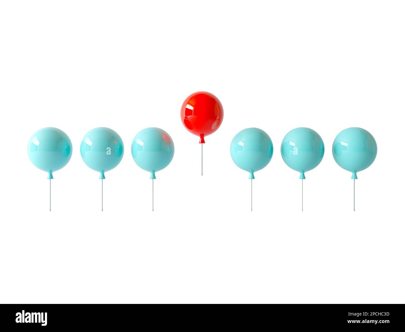 Heben Sie sich von der Masse ab und nutzen Sie ein anderes kreatives Konzept. Führungskonzept. Ein roter Ballon, der von anderen blauen Ballons wegfliegt, isoliert auf weiß Stockfoto