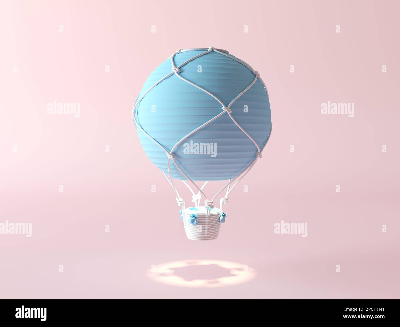 Blauer Heißluftballon mit Seilen und Beleuchtung auf pastellrosa Hintergrund. Heißluftballon-Symbol. 3D Darstellung rendern, Platz für Text kopieren Stockfoto