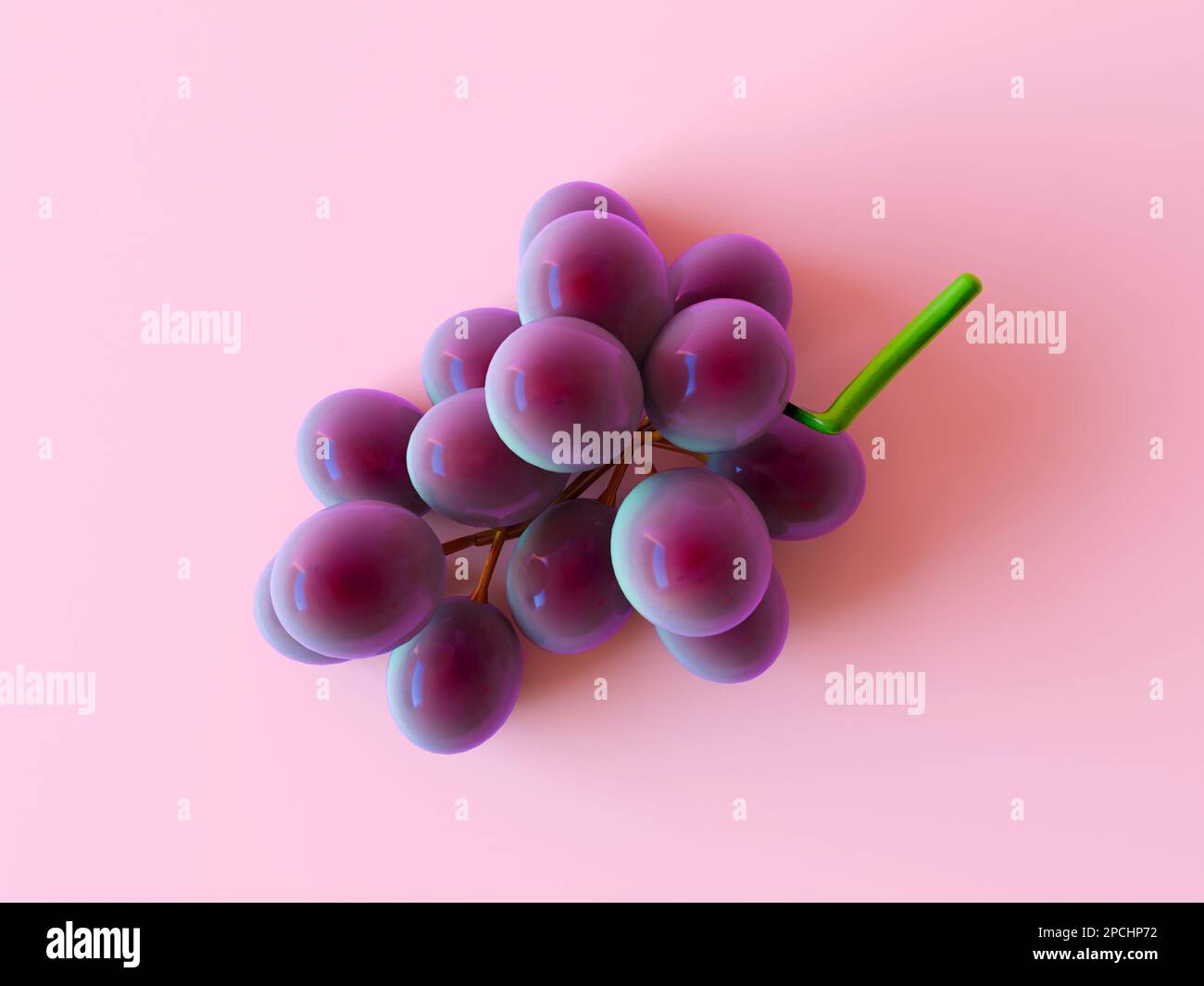 Schmackhafte Trauben isoliert auf pastellrosa Hintergrund. 3D-Darstellung rendern, Draufsicht, flach ablegen, Kopierbereich. Trauben realistische Zusammensetzung Stockfoto