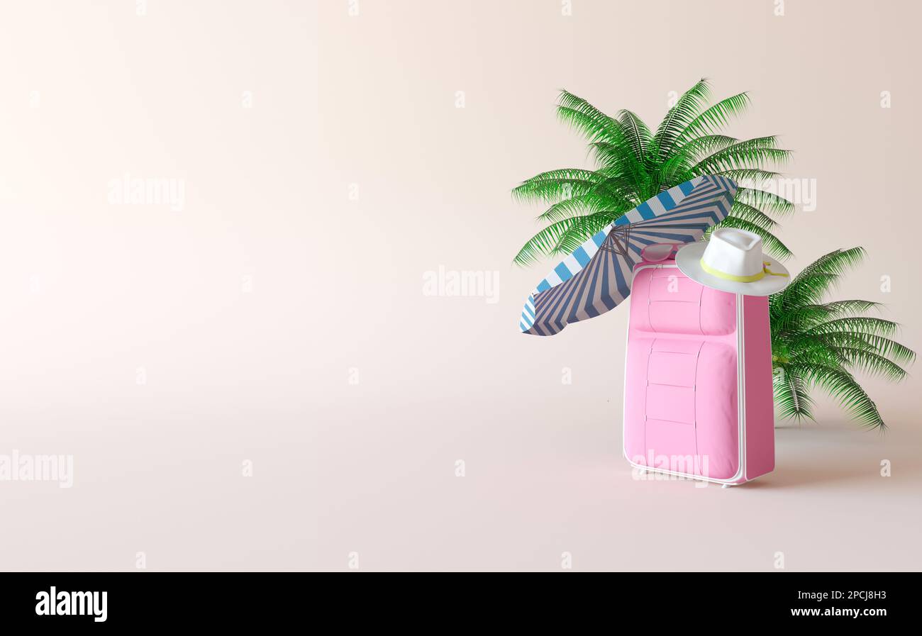 Pinkfarbener Koffer mit Reisezubehör auf hellem Hintergrund. Reisekonzept. 3D-Rendering-Abbildung. Gestreifter Strandschirm, Sonnenbrille Stockfoto
