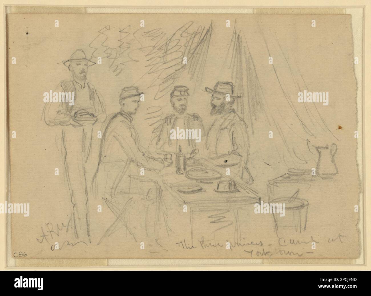 Die drei Prinzen lagern in Yorktown. Morgan Sammlung von Zeichnungen aus dem Bürgerkrieg. Paris, Louis-Philippe-Albert d'Orleans, comte de, 1838-1894, Militärdienst, Chartres, Robeis-Phillippe-Louis-Eugene-Ferdinand, duc de, 1840-1910, Militärdienst, Joinville, Francois-Ferdinand-Philippe-Louis-Marie d'Orleans, Prinz de, 1818-1900, Militärdienst, Militärlager, 1860-1870, Militäroffiziere, Union, 1860-1870, Eating & Drinking, 1860-1870, Adel, Frankreich, 1860-1870, USA, Geschichte, Bürgerkrieg, 1861-1865, Militärleben, Usa, Virginia, Yorktown Stockfoto