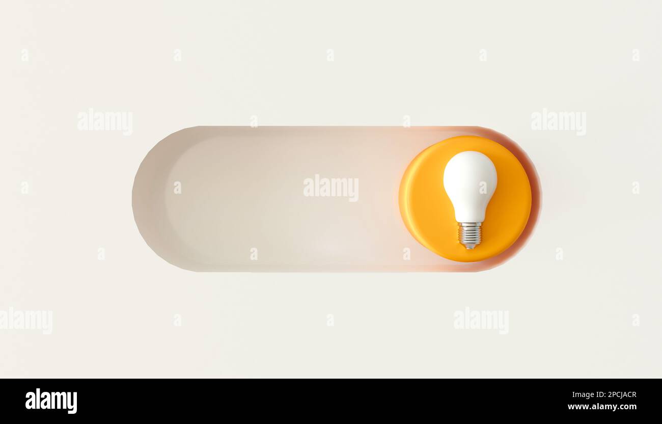 Ein- und Ausschalttasten. Concept Idea Glühbirnensymbol, 3D-Darstellung des Ideenzeichens, der Lösung, des Denkens, der Entscheidung Stockfoto