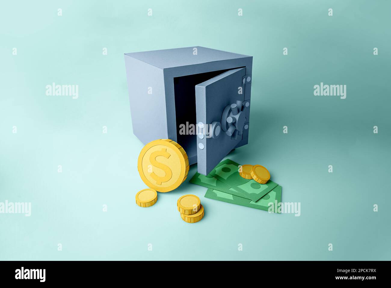 3D-Modell eines offenen Safes mit Dollarscheinen und Münzen aus farbigem Papierausschnitt. Sichern Sie Bargeld und Ersparnisse Stockfoto