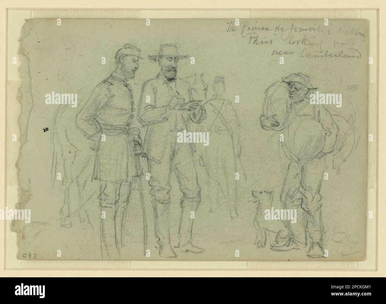 Der Prinz de Joinville, der "Paris" skizziert, sieht in der Nähe von Cumberland zu. Morgan Sammlung von Zeichnungen aus dem Bürgerkrieg. Joinville, Francois-Ferdinand-Philippe-Louis-Marie d'Orleans, Prinz de, 1818-1900, Militärdienst, Paris, Louis-Philippe-Albert d'Orleans, comte de, 1838-1894, Militärdienst, Militäroffiziere, Union, 1860-1870, Afroamerikaner, 1860-1870, Hundes, 1860-1870, Artists, 1860-1870, Vereinigte Staaten, Geschichte, Bürgerkrieg, 1861-1865, Militärleben, Union. Stockfoto