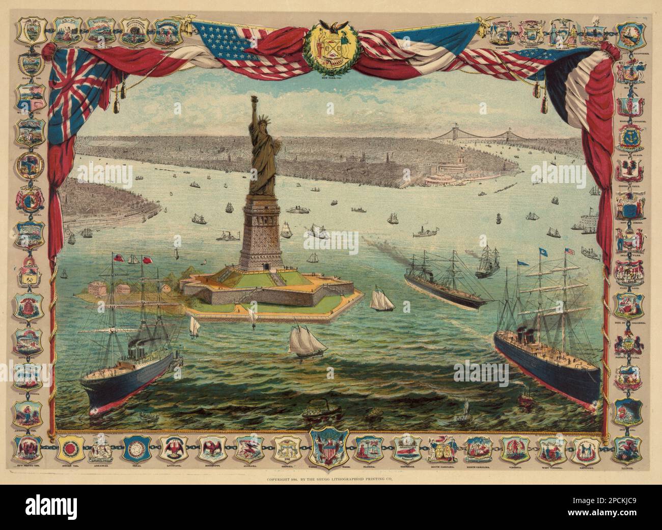 1884, New York , USA : das Geschenk Frankreichs an das amerikanische Volk, die kolossale Statue von Bartholdi, Freiheit und Erleuchtung der Welt . Illustrationslithographie von R. Schwarz , gedruckt von Shugg Lithographoid Printing Co Der französische Architekt und Bildhauer FREDERIC AUGUSTE BARTHOLDI (Colmar, Elsass 1834 - 1904 ), Autor der Freiheitsstatue auf Bedloe's Island, New York Harbor . - ARCHITETTO - ARCHITETTURA - SCULTORE - SCULTURA - SKULPTUR - KUNST - ARTE - litografia - Incisione - Gravur - Illustration - illustrazione - FOTO STORICHE - GESCHICHTE - STATUA DELLA Libertà - GEOGRAFIE - GEOGRA Stockfoto