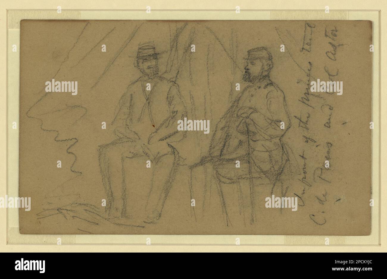 Vor dem Zelt der Prinzen, C. de Paris und Colonel Astor. Morgan Sammlung von Zeichnungen aus dem Bürgerkrieg. Paris, Louis-Philippe-Albert d'Orleans, comte de, 1838-1894, Militärdienst, Astor, John Jacob, Militärdienst, Militäroffiziere, Union, 1860-1870, Militärlager, Union, 1860-1870, Vereinigte Staaten, Geschichte, Bürgerkrieg, 1861-1865, Militärleben, Union, Vereinigte Staaten Stockfoto