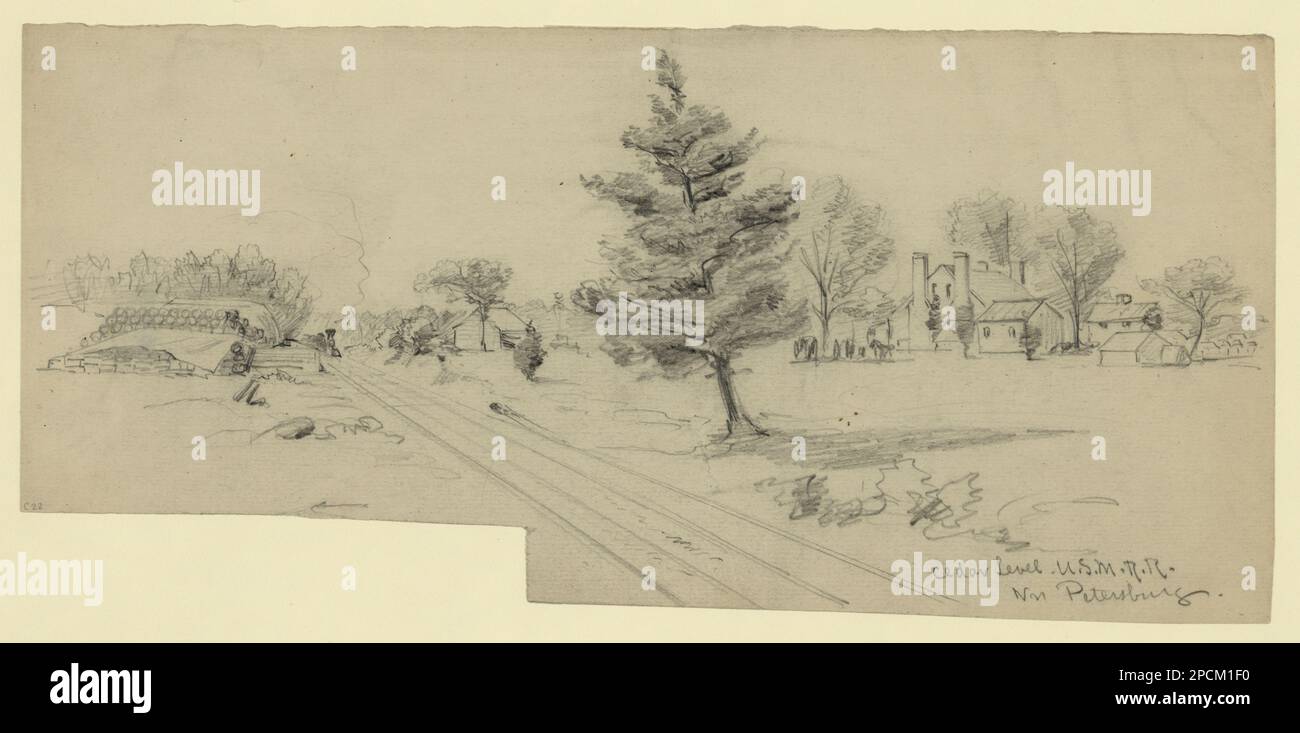 Cedar Level U.S.M.R.R., Nr Petersburg. Morgan Sammlung von Zeichnungen aus dem Bürgerkrieg. Eisenbahnen, 1860-1870, Wohnungen, 1860-1870, Eisenbahneinrichtungen, 1860-1870, Usa, Geschichte, Bürgerkrieg, 1861-1865, Transport, Usa, Geschichte, Bürgerkrieg, 1861-1865, Equipment & Supplies, USA, Virginia, Petersburg Stockfoto