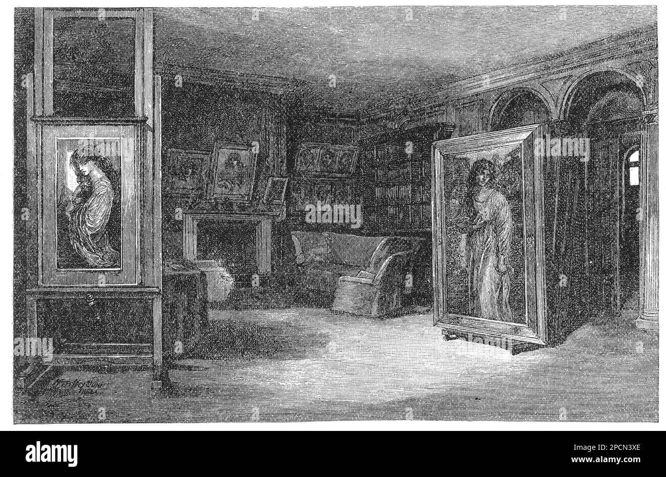 Das Studio des skandalösen britischen Malers DANTE GABRIEL ROSSETTI ( 1828 - 1882 ), beeinflusst durch die vor-Raphaelliten-Bewegung von BROTHERWOOD mit William Hunt , Ford Madox Brown und John Everett Millais . - PITTORE - PITTURA - ARTI VISIVE - ARTE - ARTS - ATELIER - STUDIO - Bohemien - maudit - artista maledetto - Gabriele - PRERAFFAELLITISMO - PRERAPHAELITE - PRERAFFAELLITA - PRERAFFAELLISMO - PRERAPHAELISM - Incisione - Gravur - GBB -- Stockfoto