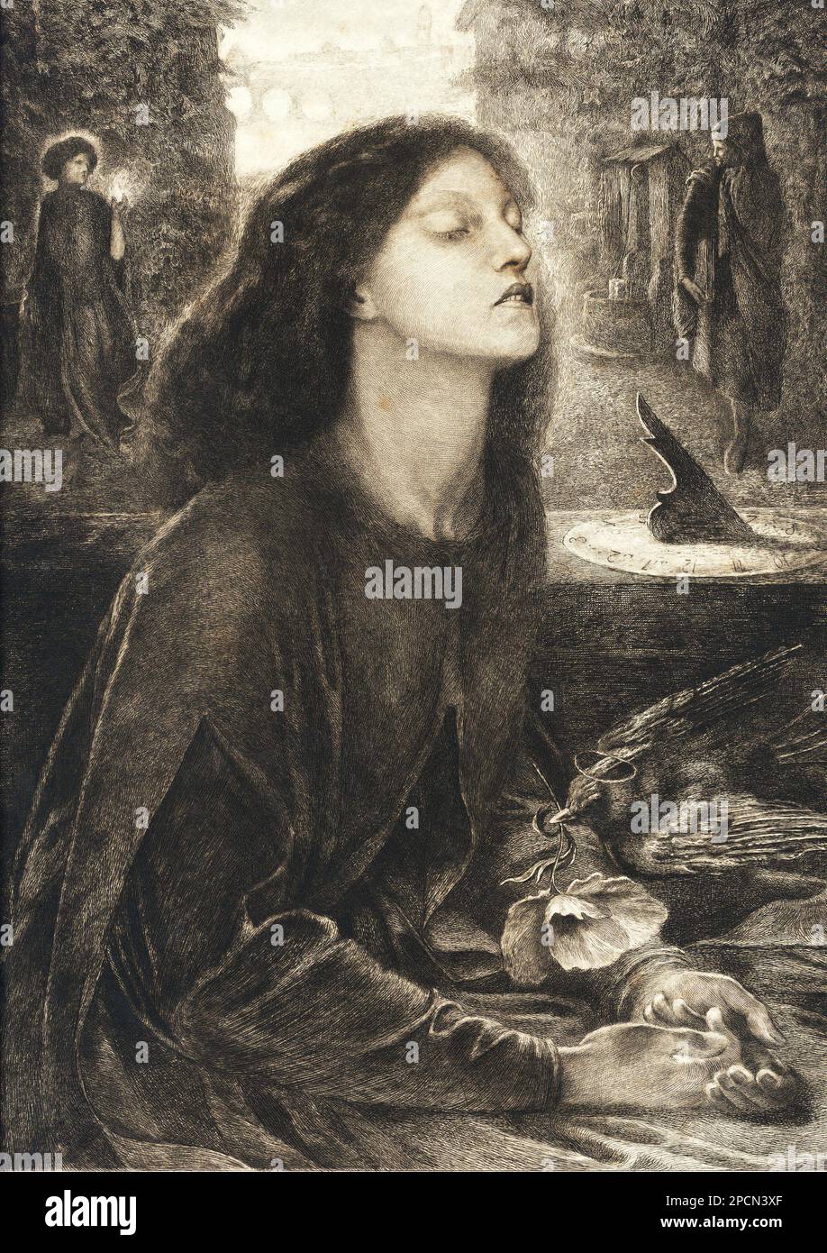 Der skandalöse britische Maler DANTE GABRIEL ROSSETTI ( 1828 - 1882 ), beeinflusst durch die vor-Raphaelliten-Bewegung von BROTHERWOOD mit William Hunt , Ford Madox Brown und John Everett Millais . Gravur von Rossetti auf seiner berühmten Leinwand BEATA BEATRIX ( 1864 ) - PITTORE - PITTURA - ARTI VISIVE - ARTE - ARTS - Portrait - ritratto - Arts - barba - Bart - Uomo - illustrazione - incisione - Gravur - Bohemien - maudit - artista maledetto - Gabriele - PRERAFFAELLITISMO - AFERPRISELPRARATICE - AFELLARATIZE - AFELLACIS - AFELLITO - DANTE ALIGHIERI - DIVINA COMMEDIA - DIVIN Stockfoto