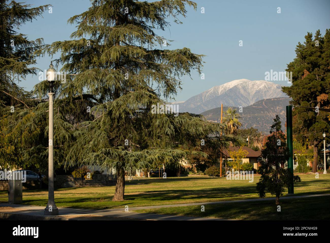 Der Evergreen Park bietet einen umrahmten Blick auf die San Gabriel Mountains aus San Dimas, Kalifornien, USA. Stockfoto